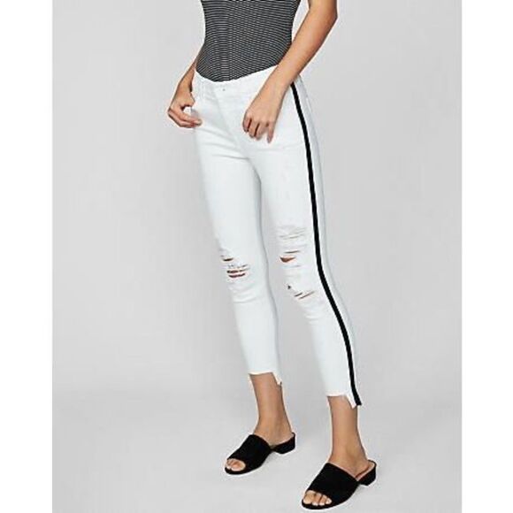 🔥🔥5 for $25🔥🔥 Express Mid-Rise Cropped Distressed White Black Side Stripe jeans - Picture 1 of 8